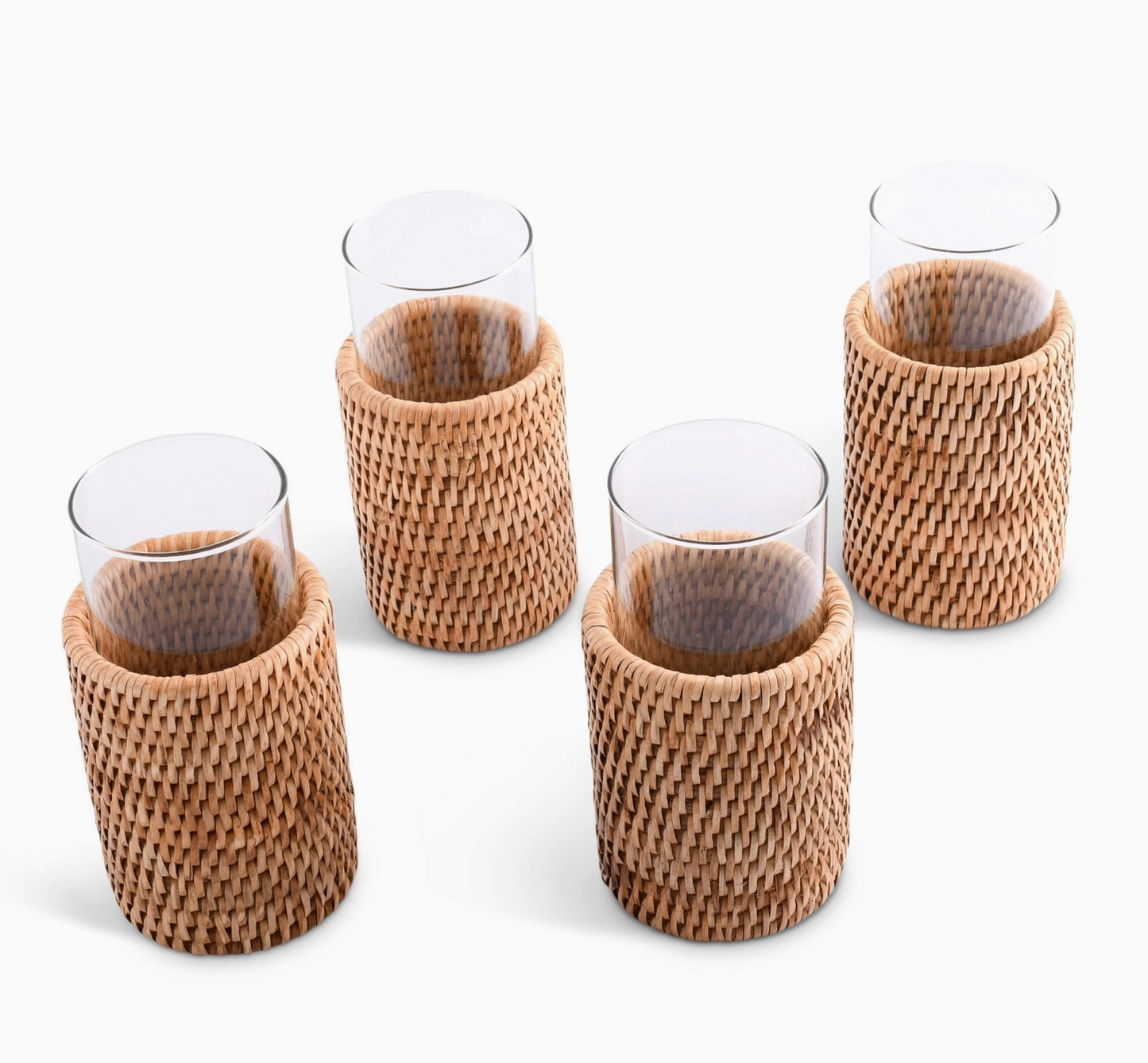 Drinking Glass Covered with Hand Woven Wicker Rattan - Set of 4